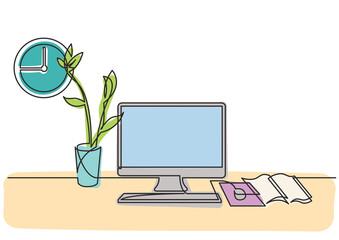 Poster - continuous line drawing work desk computer flower 3 colored - png image with transparent background