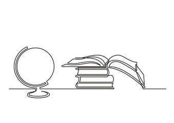Poster - continuous line drawing work desk globe books - png image with transparent background