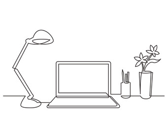 Poster - continuous line drawing work desk lamp laptop flower - PNG image with transparent background