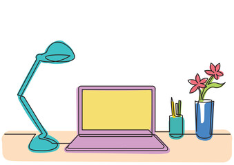 Poster - continuous line drawing work desk lamp laptop flower 3 colored - png image with transparent backgrou