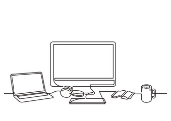 Poster - continuous line drawing work desktop computer laptop mug - png image with transparent background