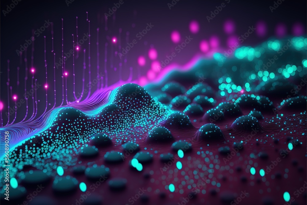 Connected glowing 3d grid, digitalization, wave, network created with ...