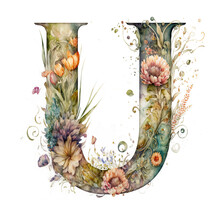 Letter U Monogram Watercolor Floral Wildflowers Weddings Isolated Blossom Bouquet Uppercase Capital Alphabet Initials Invitations Greeting Thank You Cards Poster Holiday Transparent Png Background Ai