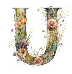 Wall Mural - letter U monogram watercolor floral wildflowers weddings isolated blossom bouquet uppercase capital alphabet initials invitations greeting thank you cards poster holiday transparent png background ai