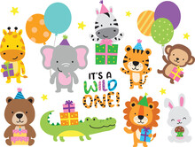 Vector Illustration Of Wild Jungle Animals Having A Birthday Party. Animals Include A Tiger, Lion, Giraffe, Zebra, Monkey, Elephant, Bear, Rabbit, And Crocodile.