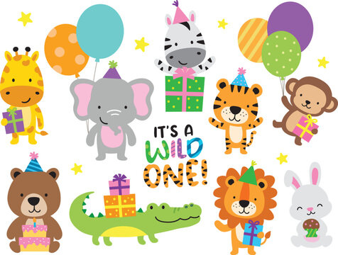 Fototapete - Vector illustration of wild jungle animals having a birthday party. Animals include a tiger, lion, giraffe, zebra, monkey, elephant, bear, rabbit, and crocodile.