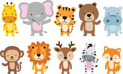 Poster - Cute Wild Animals in Standing position Vector Illustration. Animals include a giraffe, elephant, tiger, bear, hippo, monkey, lion, deer, zebra, and fox.