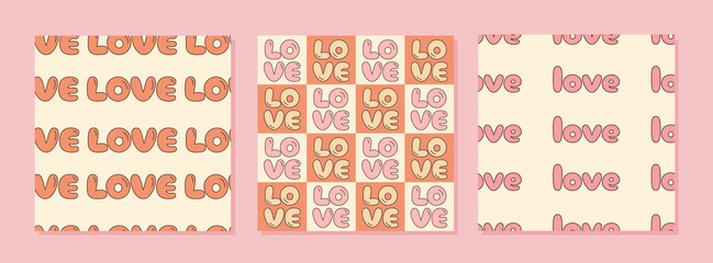 Wall Mural - Set of simple abstract groovy patterns in retro 60s 70s psychedelic style with word love. Groovy funky square backgrounds with comic font. Valentine day. Vector flat illustration.