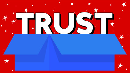 Poster - Trust word with cardboard box. Vector cartoon folded card box illustration.