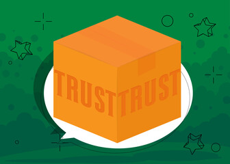 Poster - Trust word with cardboard box. Vector cartoon folded card box illustration.