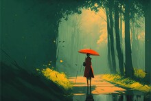 Girl With Umbrella In The Forest. Mysterious Woman With Umbrella Standing In Forest. Digital Art Style , Illustration Painting .