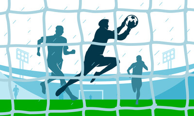 Wall Mural - Premium editable vector file of keeper jump and catch the ball while playing game in stadium field best for your digital and print mockup