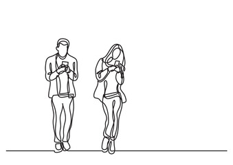 Poster - continuous line drawing man and woman standing reading smart phones - png image with transparent bac