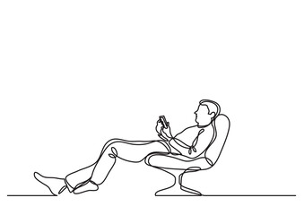 Poster - continuous line drawing man relaxing in chair with smart phone - png image with transparent backgrou