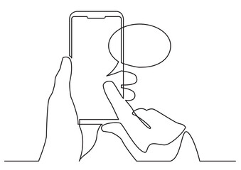 Poster - continuous line isolated vector object hands using social media mobile app on smart phone - png imag