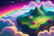 A Colorful Landscape With A Rainbow And A Castle On A Hill With A Rainbow Heart Above It And Clouds Below It, With A Rainbow Heart In The Sky Above The Clouds And A Rainbow.  Generative