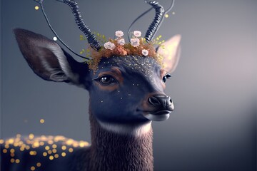 Poster -  a deer with a crown of flowers on its head is shown in this artistic photo of a deer with a flower crown on its head is shown in a dark background of gold and white.  generative