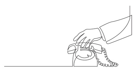 Poster - one line drawing of man hand reaching phone to answer phone call with copy space - PNG image with transparent background