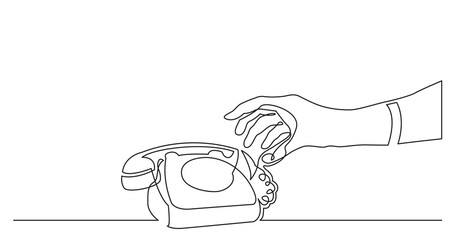 Poster - one line drawing of woman hand reaching phone to answer phone call with copy space - png image with 