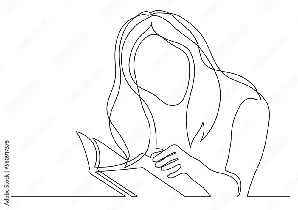 continuous line drawing woman with long hair reading book - PNG image ...