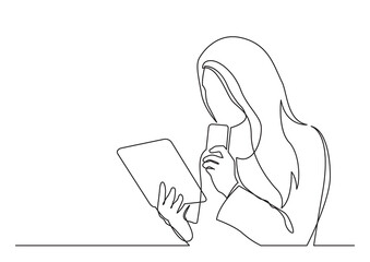 Poster - continuous line drawing woman holding mobile phone reading tablet - png image with transparent backg