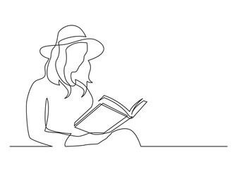 Wall Mural - continuous line drawing woman in hat reading book - PNG image with transparent background