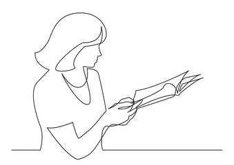 Wall Mural - continuous line drawing woman reading printed magazine - PNG image with transparent background
