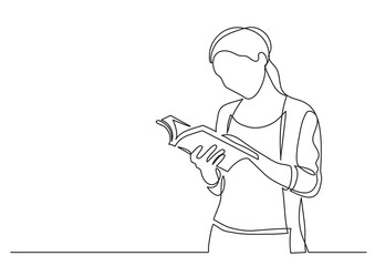 Poster - continuous line drawing woman standing reading book - png image with transparent background
