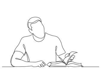 Poster - continuous line drawing young  man sitting reading book - PNG image with transparent background