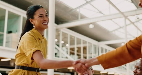 Aufkleber - Handshake, women and business collaboration with management, teamwork and trust in office. Happy employees shaking hands for support, networking and b2b consulting, hiring deal or partnership success