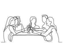 Continuous Line Drawing Company Of Friends Dining In Restaurant - PNG Image With Transparent Background