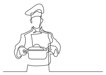 Poster - continuous line drawing chef holding pot of meal - png image with transparent background