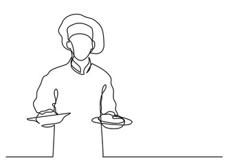 Poster - continuous line drawing chef holding two meals - png image with transparent background