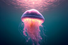 Glowing Jellyfish Chrysaora Pacifica Underwater. Blue Neon Glow Light Effect. Generative AI