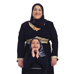 Canvas Print - Islam, smile and portrait of mother and child happy in hijab together and isolated on white background. Love, family and support, Muslim woman with daughter and Islamic culture in studio in Egypt.