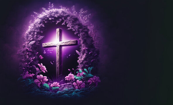 religious cross in the middle of a field with a purple background, Generative AI	