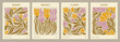 Flower Market posters abstract Set. Trendy botanical wall arts with floral design in danish pastel colors. Modern naive groovy hippie funky interior decorations, paintings. Vector art illustrations