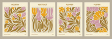 Flower Market Posters Abstract Set. Trendy Botanical Wall Arts With Floral Design In Danish Pastel Colors. Modern Naive Groovy Hippie Funky Interior Decorations, Paintings. Vector Art Illustrations
