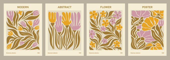 Wall Mural - Flower Market posters abstract Set. Trendy botanical wall arts with floral design in danish pastel colors. Modern naive groovy hippie funky interior decorations, paintings. Vector art illustrations