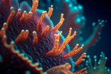 Corals Of Marine Aquarium. Flower Sea Living Coral And Reef Color Under Deep Dark Water Of Sea Ocean Environment. Generative AI