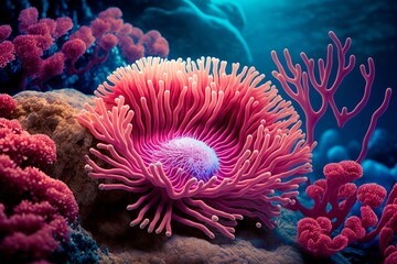 corals of marine aquarium. Flower sea living coral and reef color under deep dark water of sea ocean environment. Generative AI