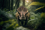 Fototapeta  - Hyperrealistic Triceratops Dinosaur In the Jungle Generative AI
