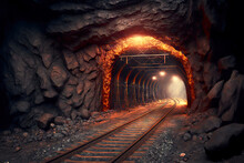 Coal Mine Underground Ore Tunnel With Rails, Mining Industry