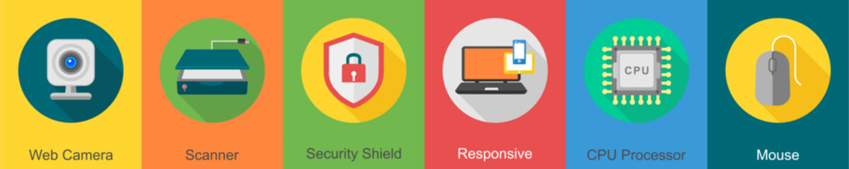 A set of 6 computer and Hardware icons as web camera, scanner, security shield