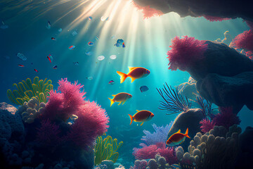 Wall Mural - Colorful coral reef and fish. Clean underwater world scene. (Created with Generative AI technology)