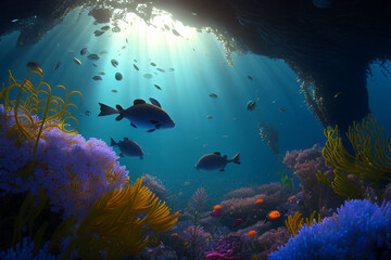 Wall Mural - Colorful coral reef and fish. Clean underwater world scene. (Created with Generative AI technology)