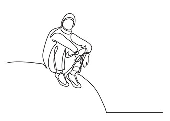Poster - one line drawing traveler sitting on hill - png image with transparent background