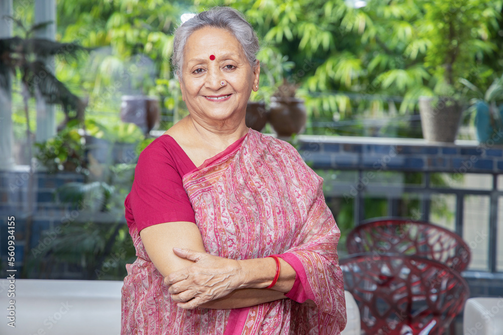 Portrait of smiling senior indian woman wearing sari standing with ...