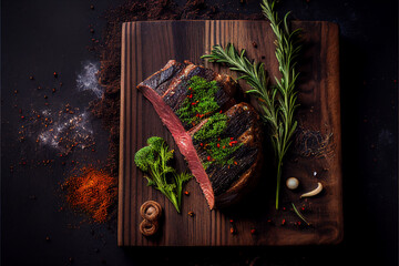 Wall Mural - Grilled beef steaks medium rare with spices on wood plate (Created with Generative AI technology).