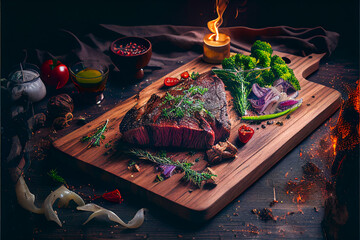 Wall Mural - Grilled beef steaks medium rare with spices on wood plate (Created with Generative AI technology).